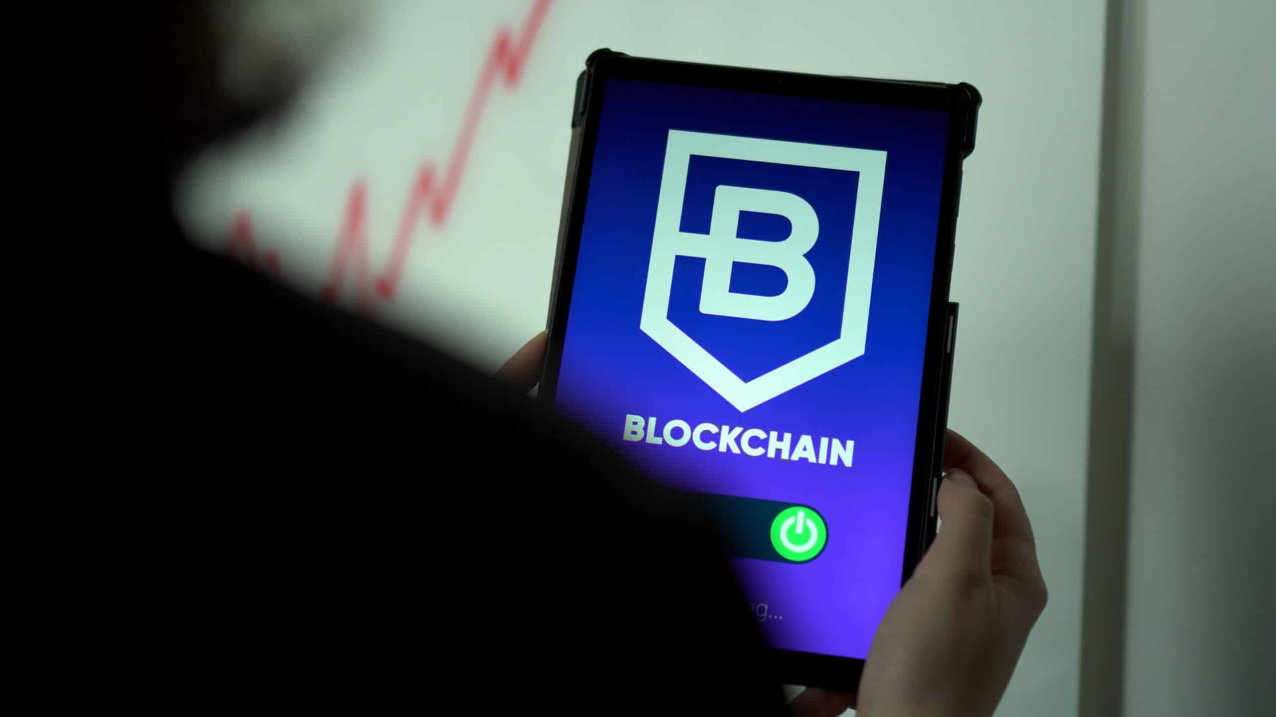 device showing "B" for  blockchain 