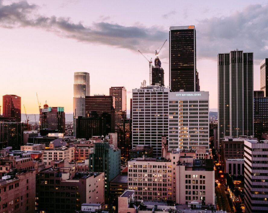 aerial view of low and high rise buildings