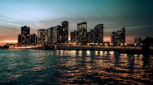 city lights buildings at night