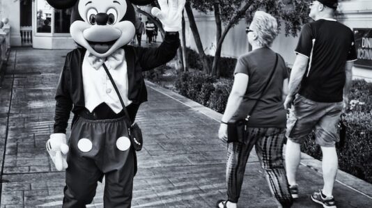 grayscale photo of mickey mouse