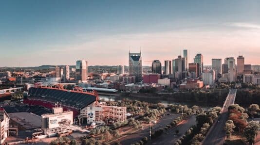 Downtown Nashville skyline at sunset, the week.