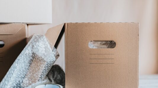 box containing personal stuff from office desk