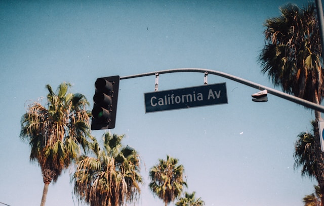a street signal with a California Ave. sign, and a pair of rubber shoes hanging