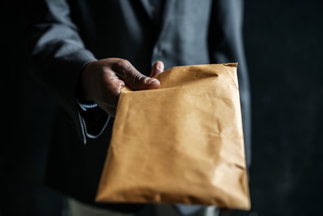 a man handing a brown envelope