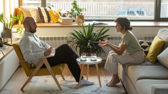 a man and woman talking