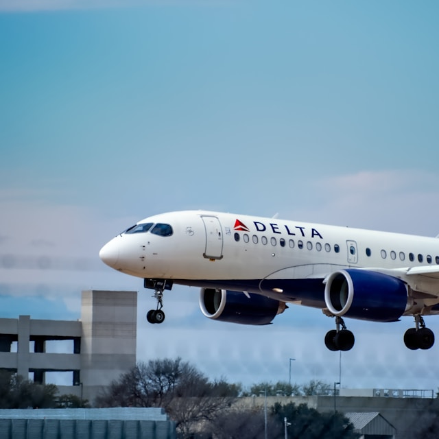 a Delta airplane prepares to land