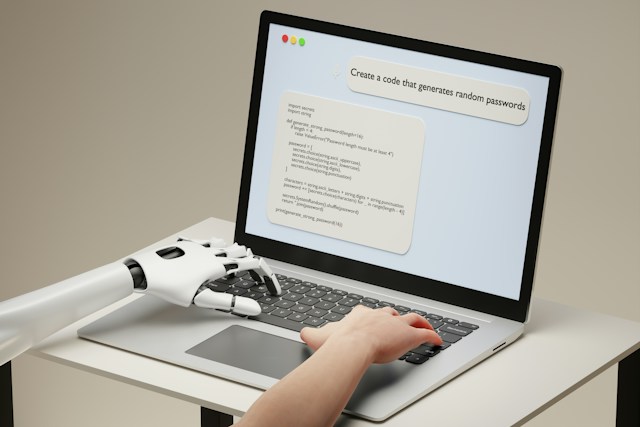 laptop with a robot hand and human hand